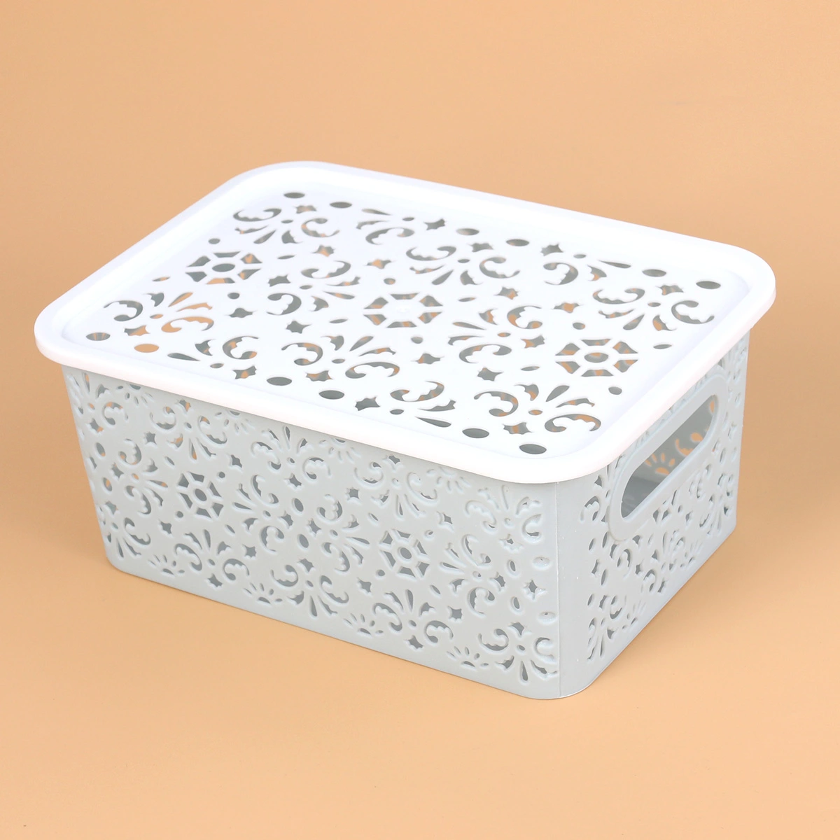 Stackable Plastic Storage Box Hollow Out Delicate Retro Pattern Storage Basket with Lid for Clothes Cosmetics Papers Toys - Small Size(Sky-blue)