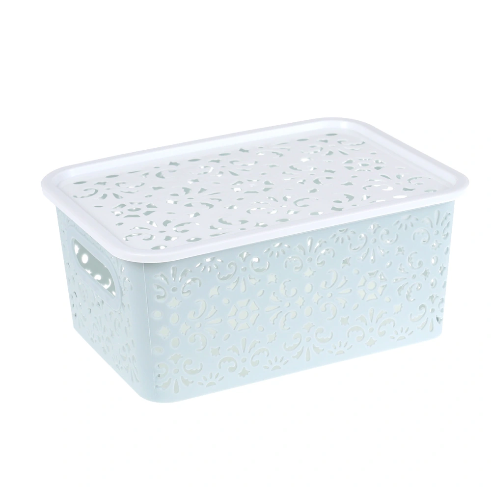 Stackable Plastic Storage Box Hollow Out Delicate Retro Pattern Storage Basket with Lid for Clothes Cosmetics Papers Toys - Small Size(Sky-blue)