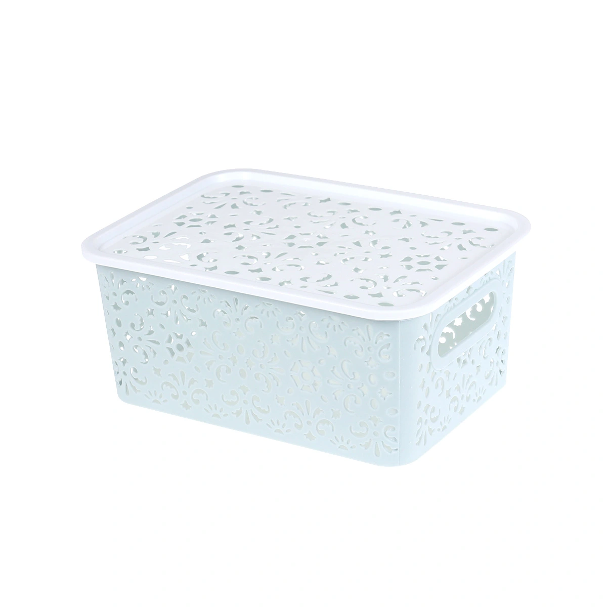 Stackable Plastic Storage Box Hollow Out Delicate Retro Pattern Storage Basket with Lid for Clothes Cosmetics Papers Toys - Small Size(Sky-blue)
