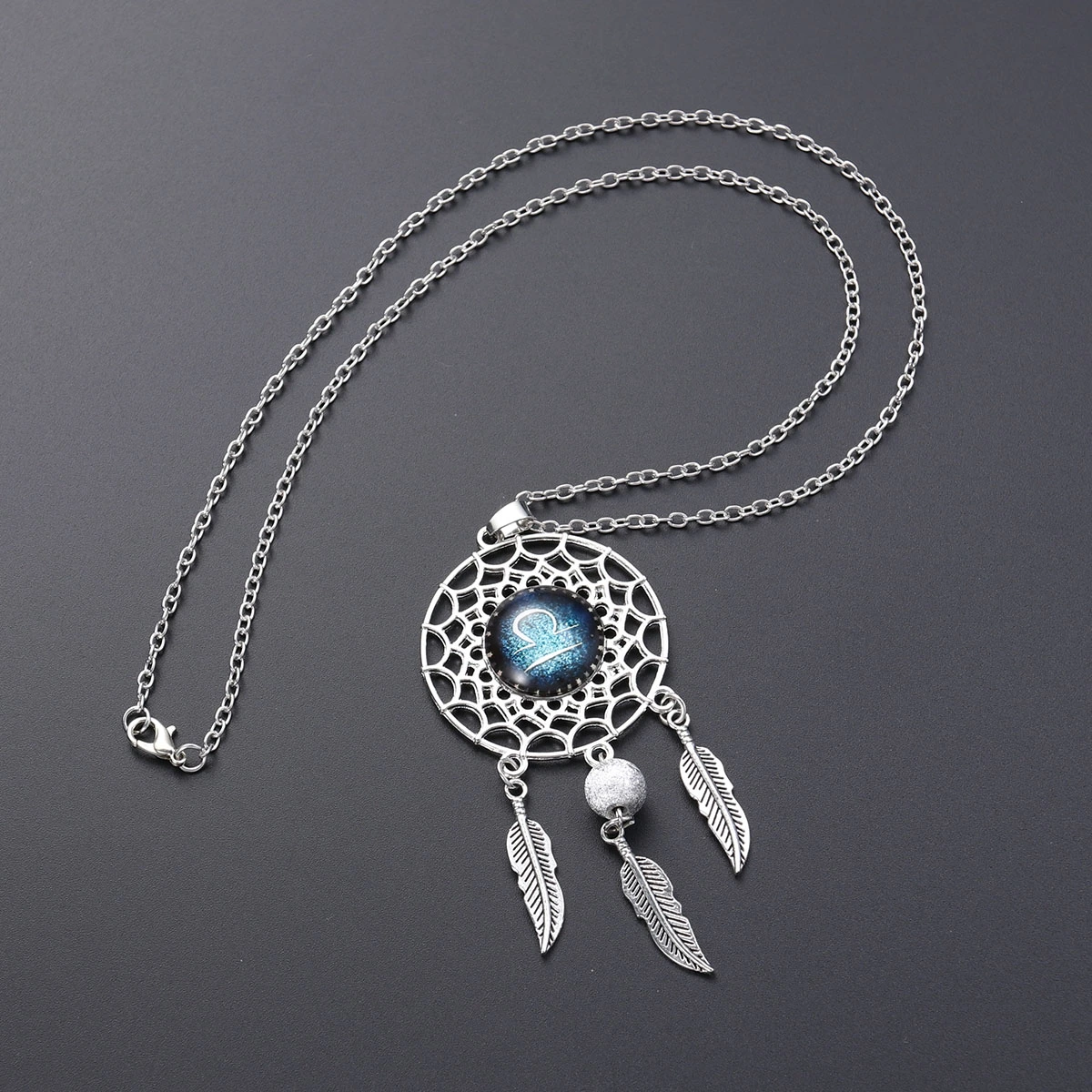 Dream Catcher Necklace Women Retro Bohemia Zodiac Sign Pendant Dangling Feather Tassel Bead Charm Chain Constellation Jewelry - Libra