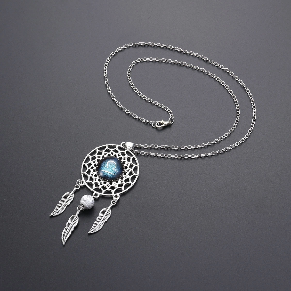 Dream Catcher Necklace Women Retro Bohemia Zodiac Sign Pendant Dangling Feather Tassel Bead Charm Chain Constellation Jewelry - Libra