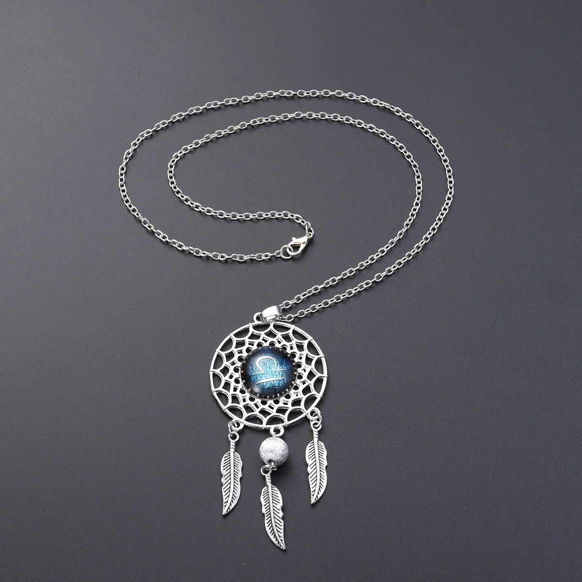 Dream Catcher Necklace Women Retro Bohemia Zodiac Sign Pendant Dangling Feather Tassel Bead Charm Chain Constellation Jewelry - Libra