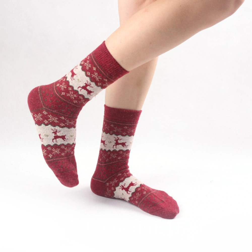 Women Wool Socks Warm Winter Thick Socks Christmas Deer Socks Gift (Wine Red)