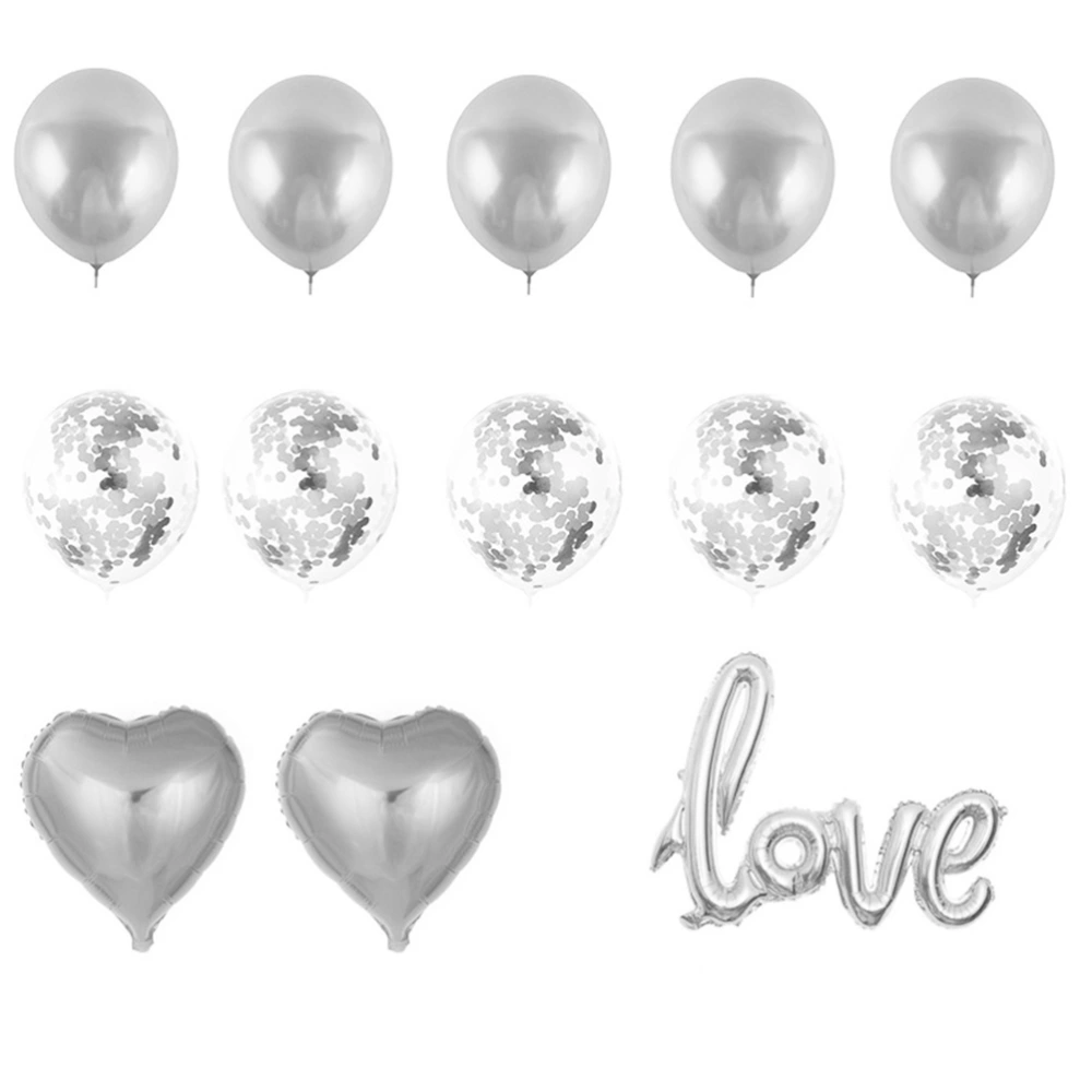 13pcs Love Decor Balloon Shining Latex Balloons for Valentine's Day Festival Party (1pcs Love Balloon, 2pcs 18 Inch Loving Heart Balloons, 5pcs 12 Inch Latex Balloons, 5pcs 12inch Shining Balloons, Silver)