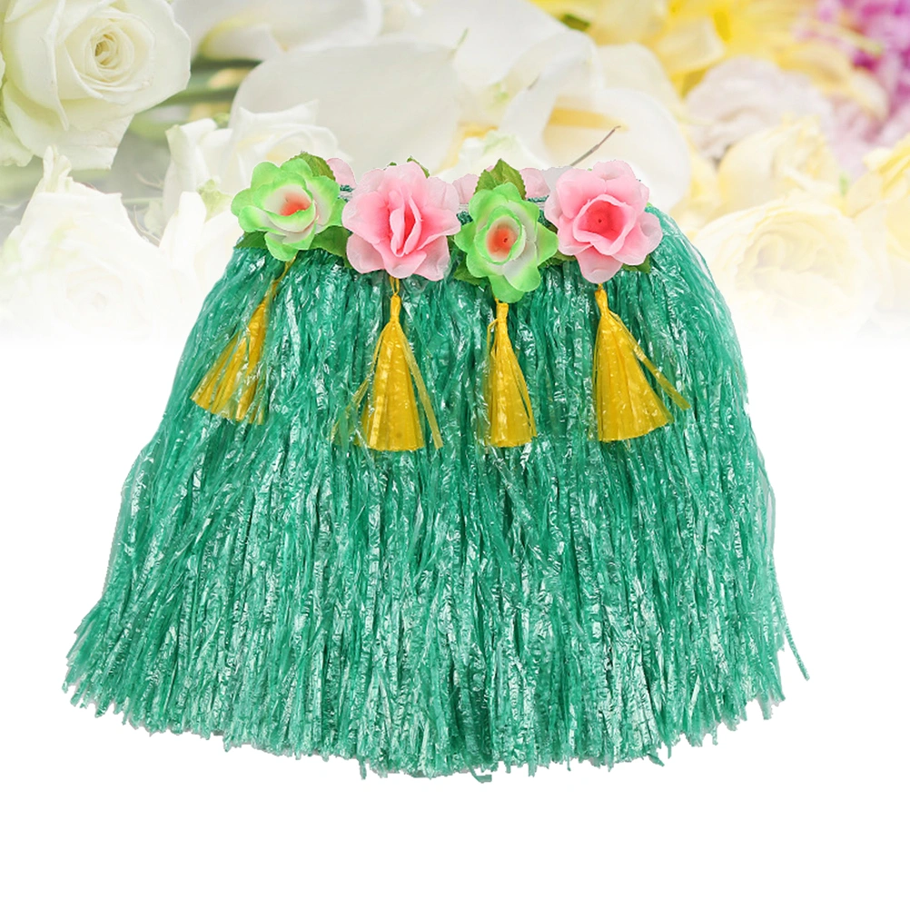 Thickened Elastic Hawaiian Grass Hula Skirt Dance Dresses Flowered Hula Skirts Bonfire Dress Luau Party Favors for Kids(Green)