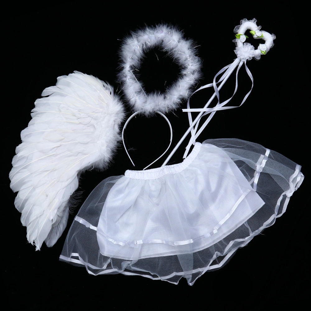 4pcs Children Performance Props  Angel Wing Tutu Skirt Hair with Halo Fairy Wand for Party Banquet Show