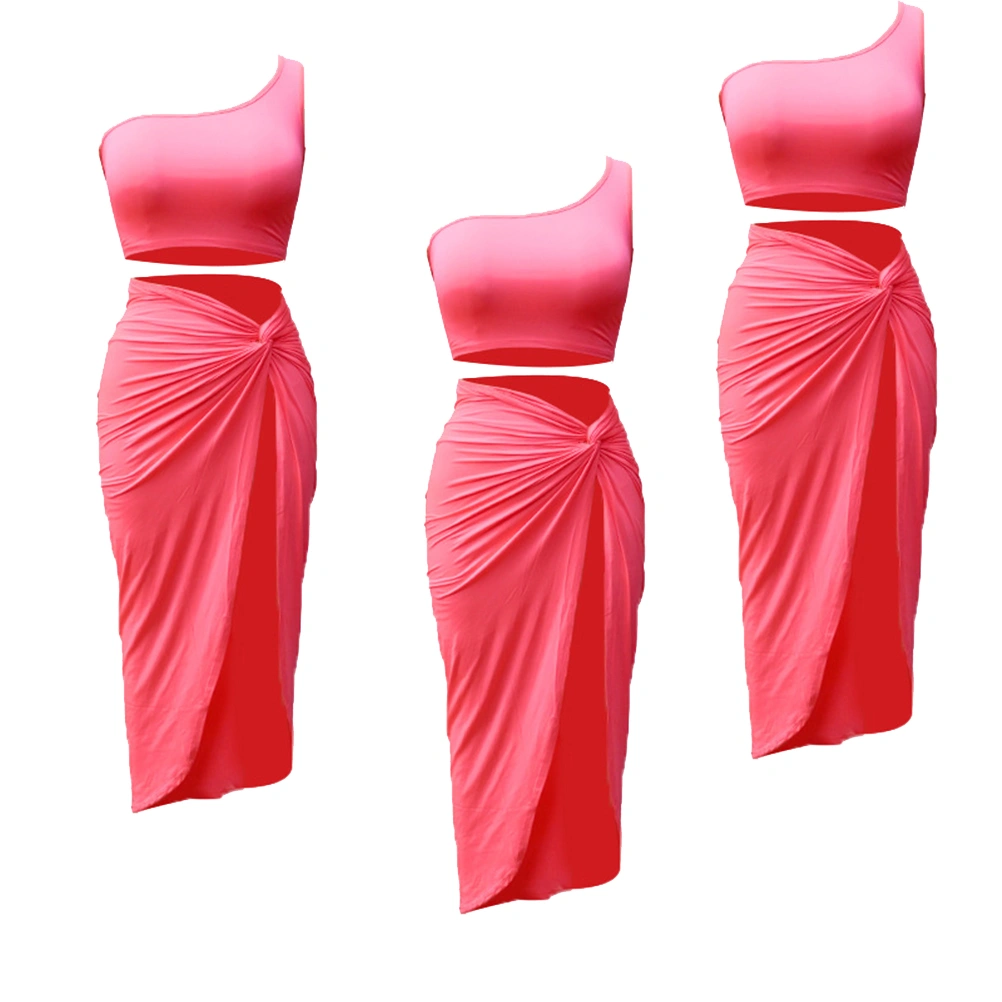 1 Set of Plus-size Dress Pleated Solid Color Skirt Casual Suit Coat and Skirt for Women Size L (Fluorescent Pink)