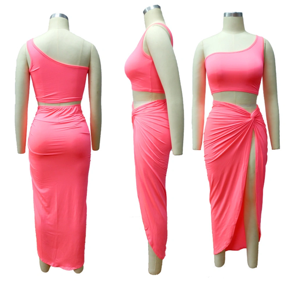 1 Set of Plus-size Dress Pleated Solid Color Skirt Casual Suit Coat and Skirt for Women Size L (Fluorescent Pink)