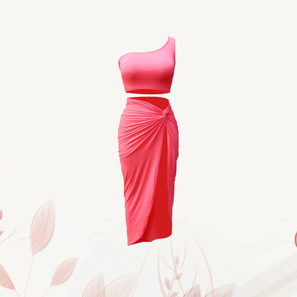 1 Set of Plus-size Dress Pleated Solid Color Skirt Casual Suit Coat and Skirt for Women Size L (Fluorescent Pink)