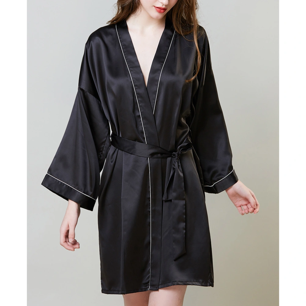 Black Fashionable Nightgown Silk Long Sleeve Nightdress Adjustable  Belt Sexy Robes for Ladies - Size L