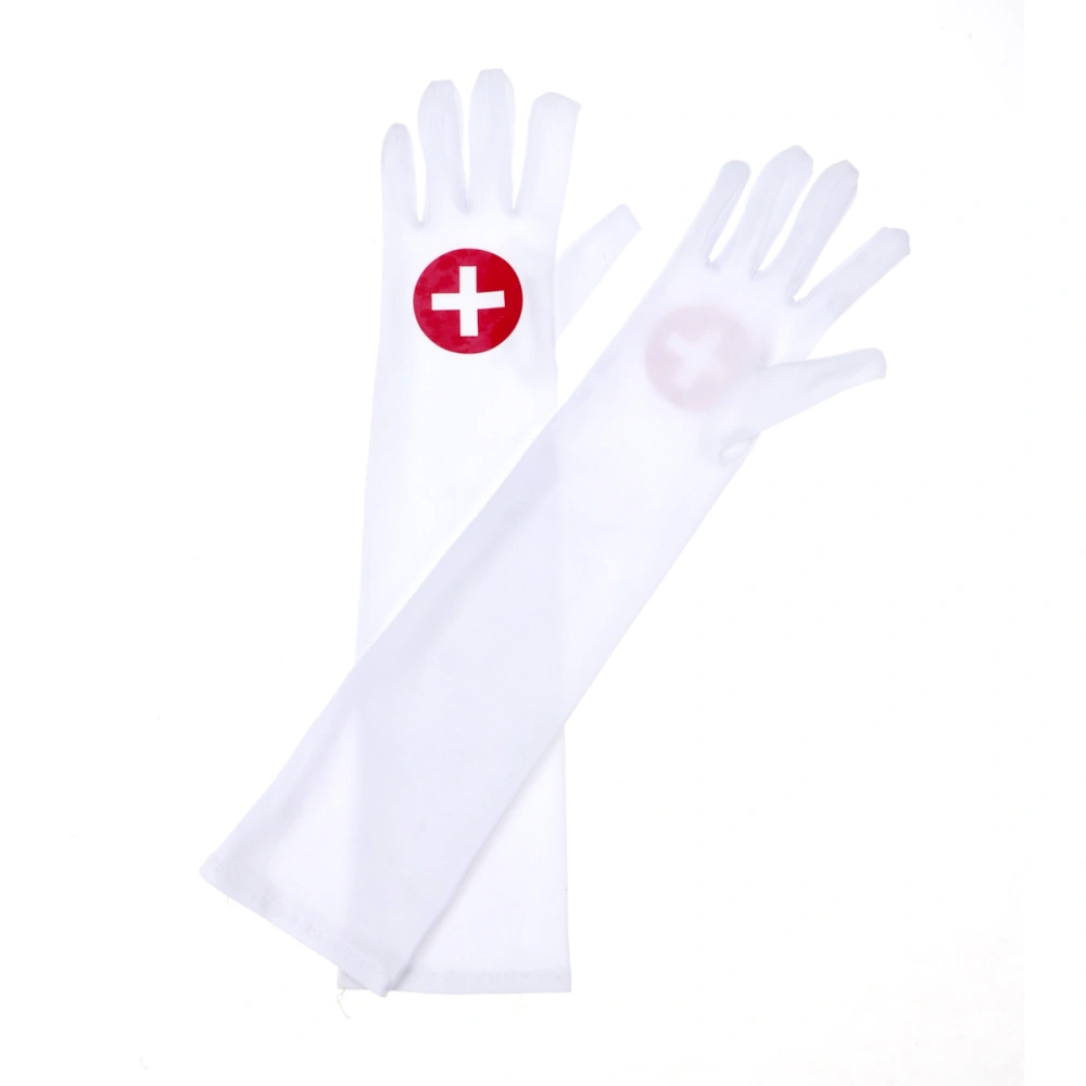 2 Pcs Halloween Nurse Bloody Cross Long Gloves Fancy Dress Cosplay Costumes Decors(White)