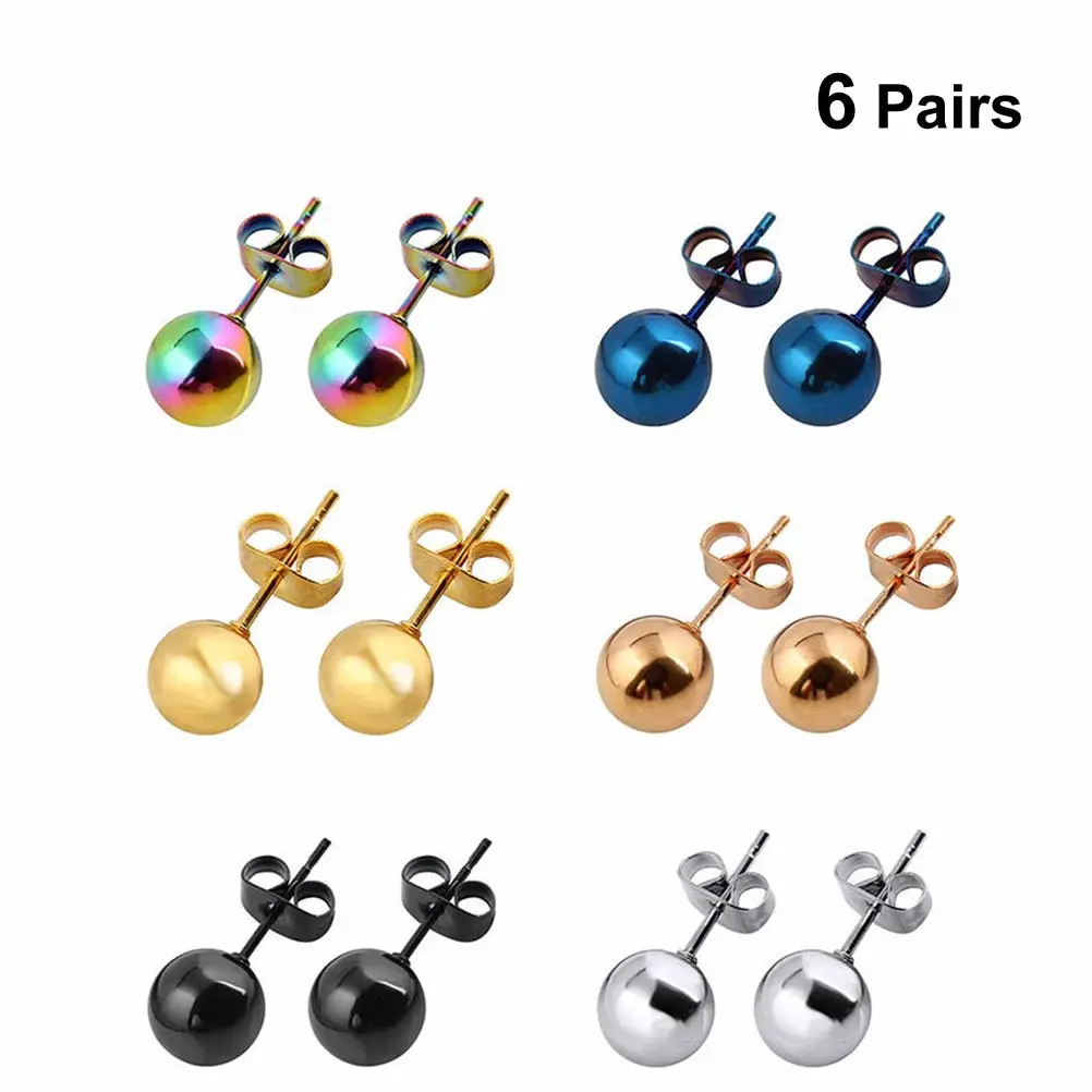6 Pairs Surgical Steel Trendy Stud Earring Set Colorful Ball Ear Studs