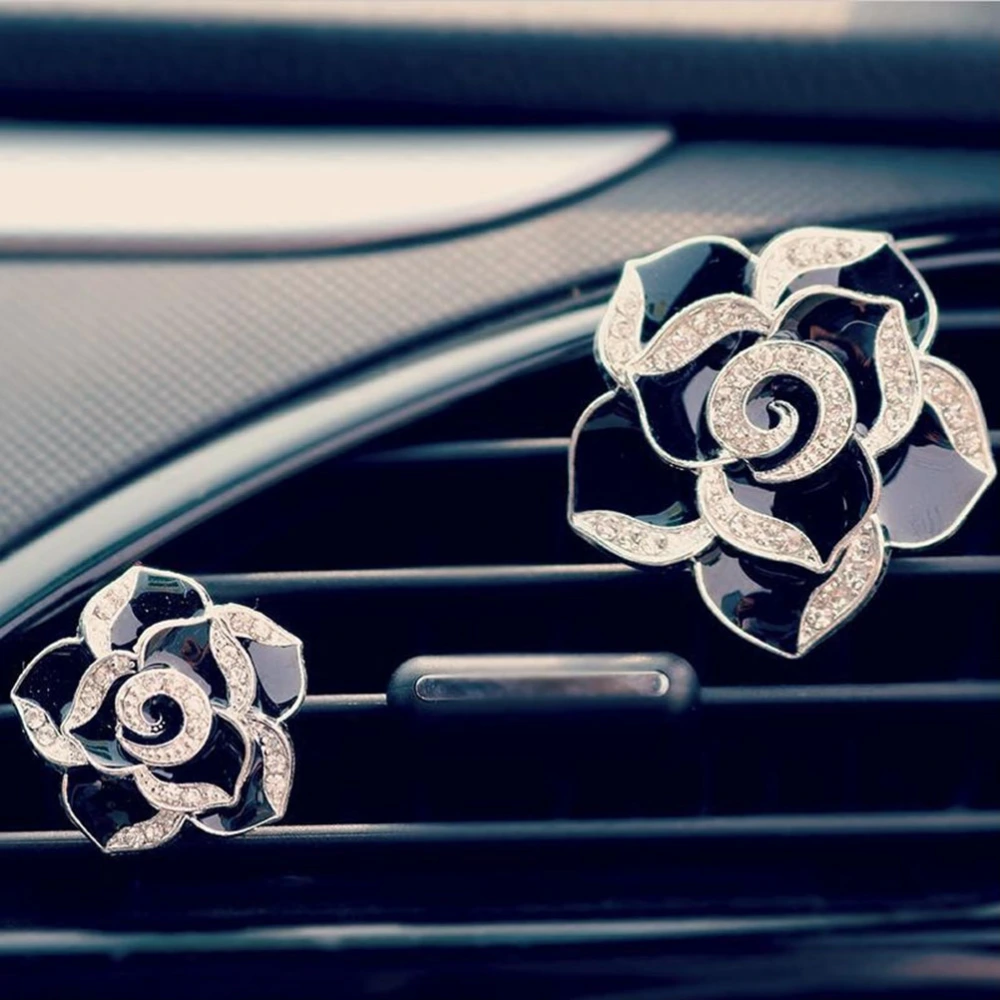 One Pair Car Air Vent Decorations Camellia Rhinestone Encrusted Fragrance Air Freshener Holders Auto Car Interior Decoration (Black)