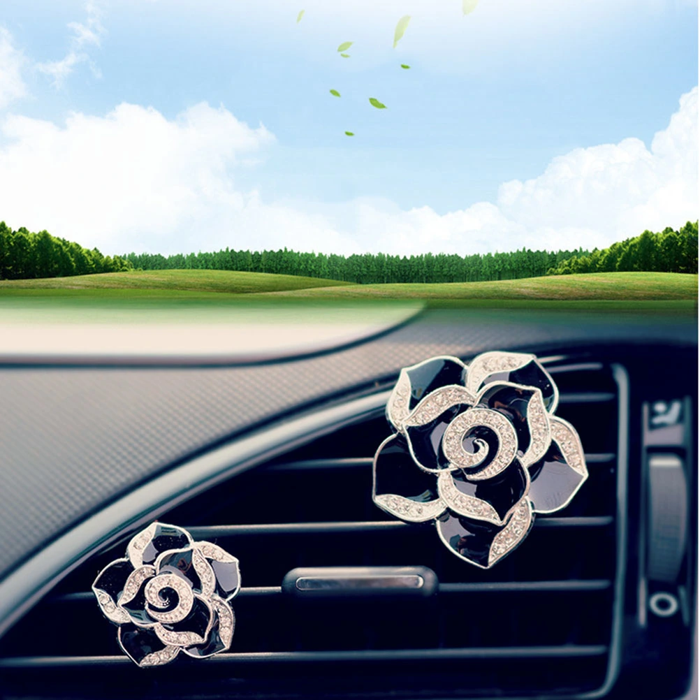 One Pair Car Air Vent Decorations Camellia Rhinestone Encrusted Fragrance Air Freshener Holders Auto Car Interior Decoration (Black)