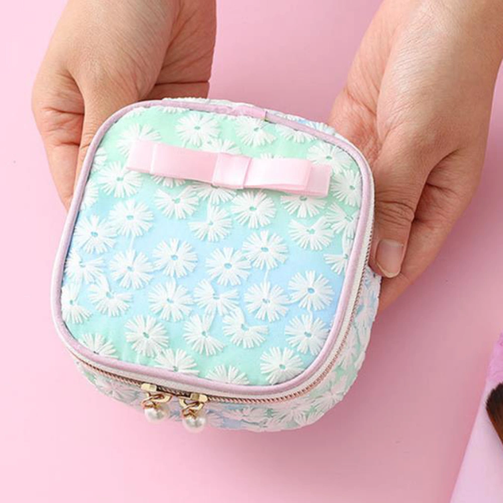 Mesh Embroidered Sanitary Napkin Storage Bag Cosmetic Square Bag with Zipper for Outdoor Travel and Office(Gradient Green)