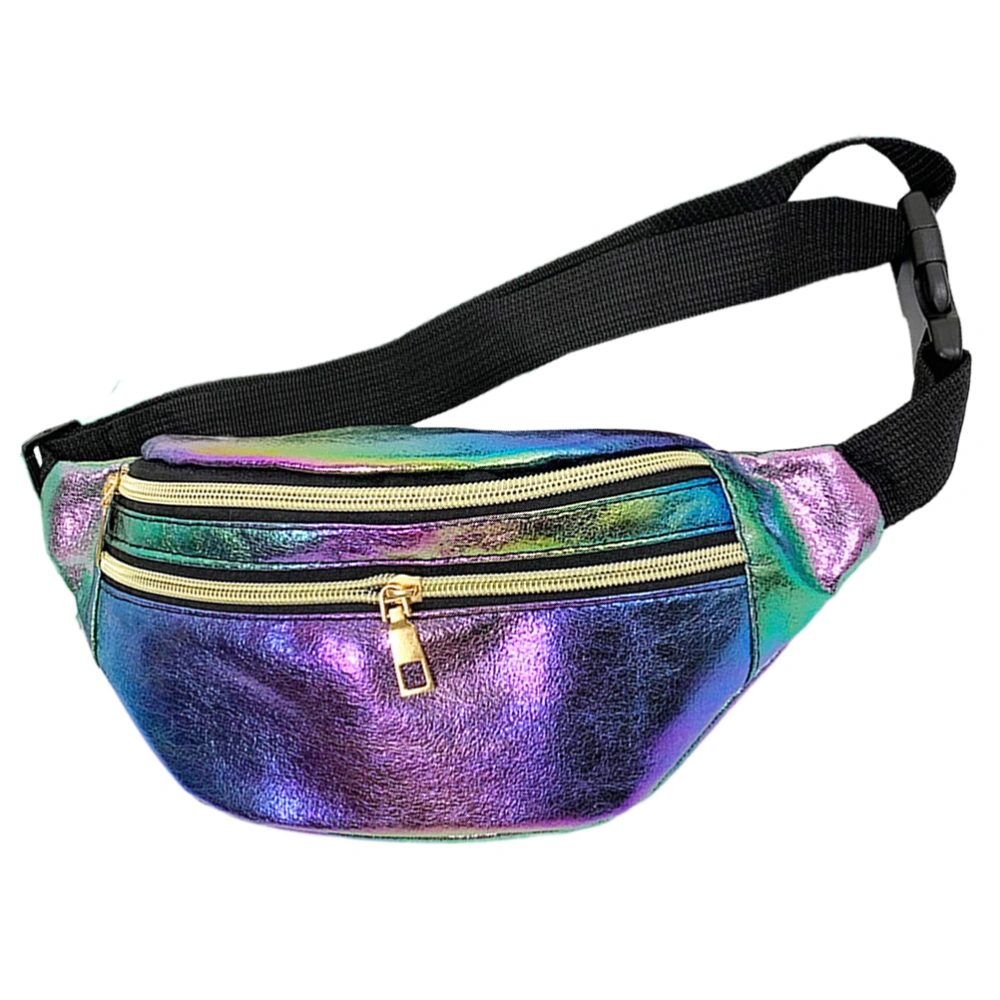 PU Leather Wasit Bag Holographic Double Layer Chest Bag Shiny Zipper Fanny Pack for Outdoor Women Travel (Colorful)