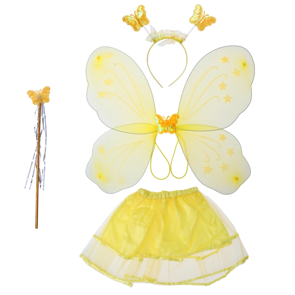 4pcs Girl's Costume Set Tutu Skirt with Wings Headband and Fairy Kids Performance Party Costume (Yellow)