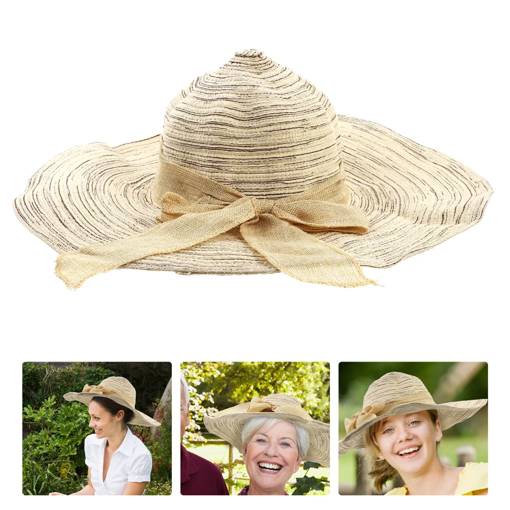 1pc Beach Hat Portable Large Straw Bow Hat Outdoor Sun Protection (Beige)