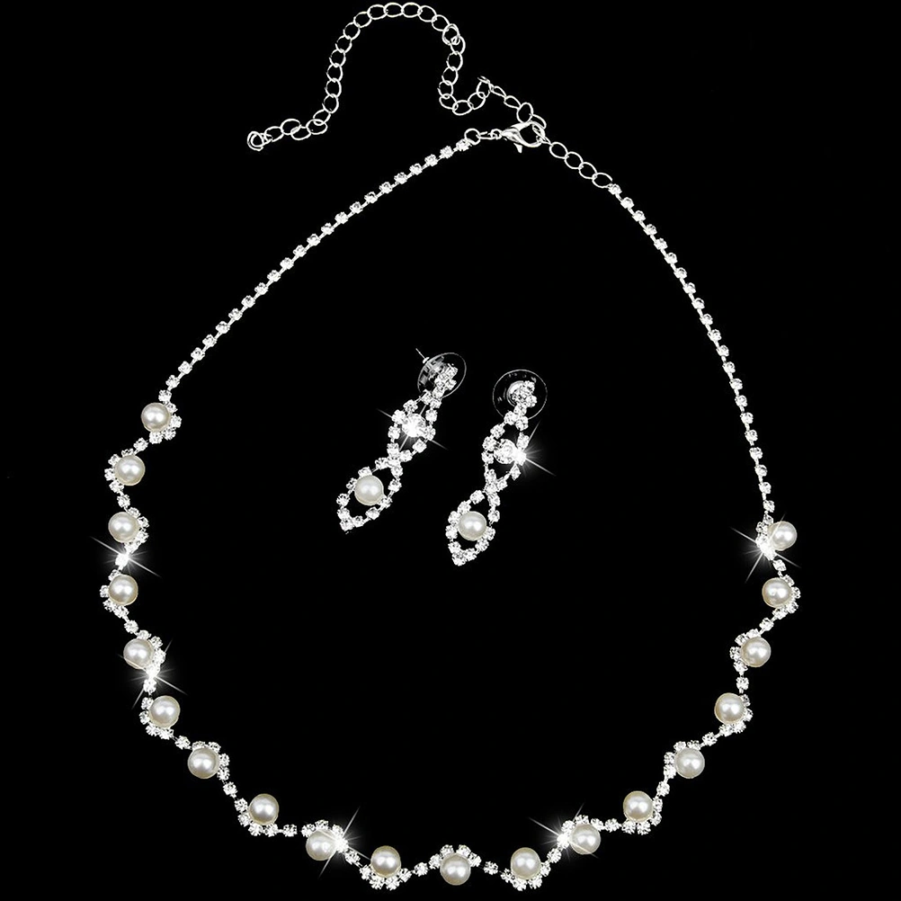 Wedding Party Prom Jewelry Rhinestone Faux Pearl Necklace Earrings Set