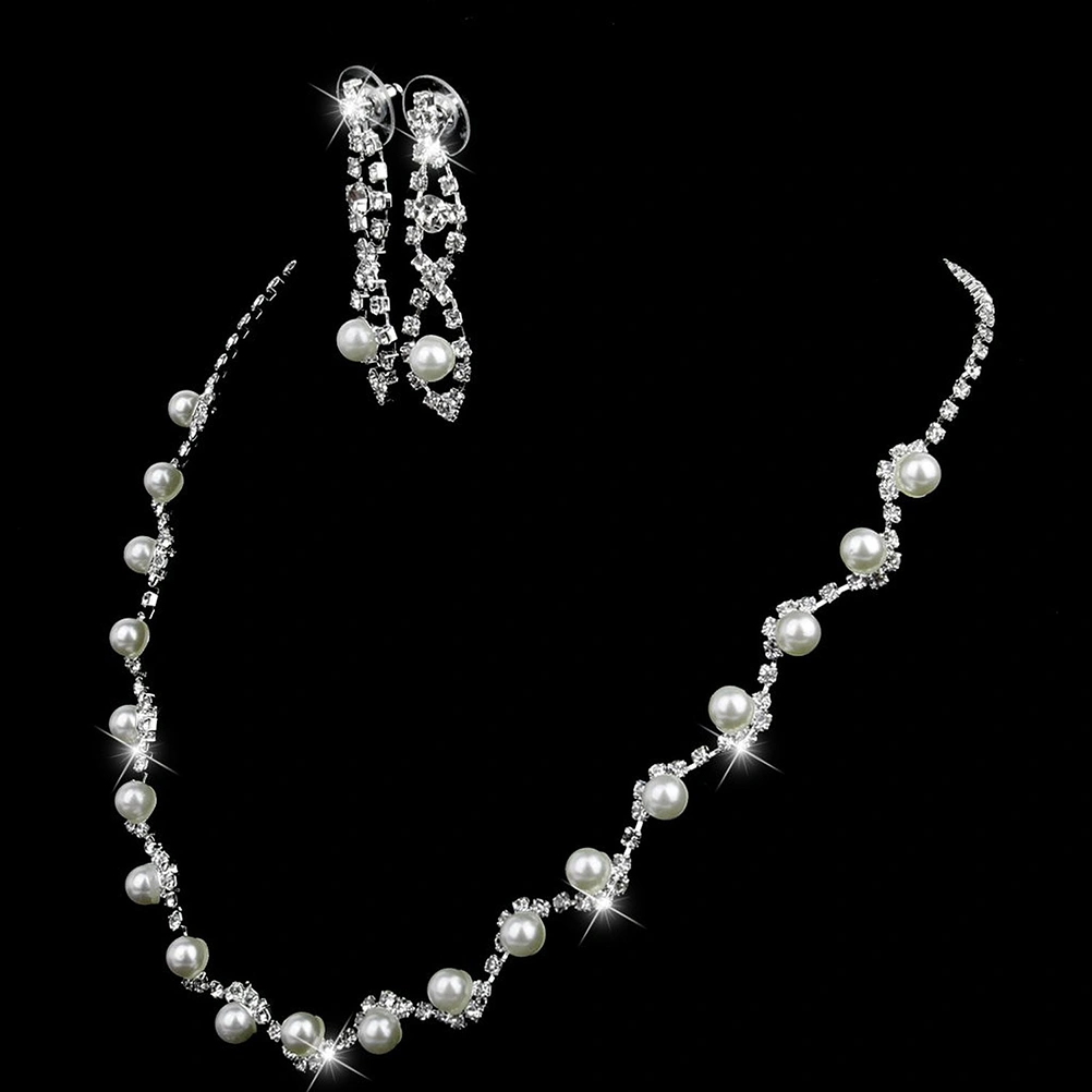 Wedding Party Prom Jewelry Rhinestone Faux Pearl Necklace Earrings Set