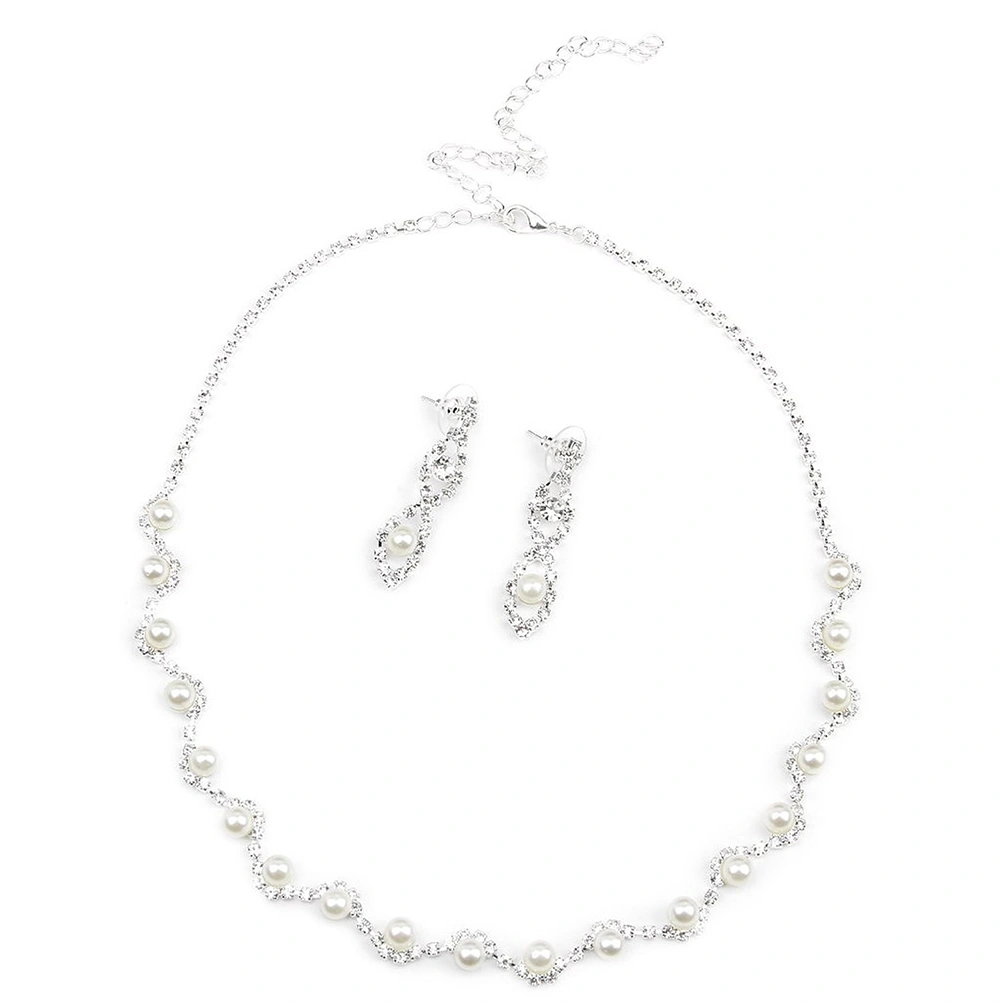 Wedding Party Prom Jewelry Rhinestone Faux Pearl Necklace Earrings Set