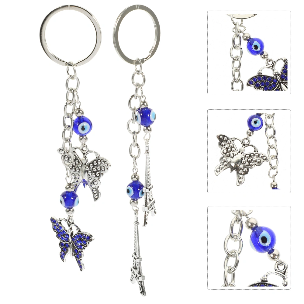 2pcs Butterfly Tower Shape Key Chain Pendants Exquisite Zinc Alloy Ornaments Turkish Blue Eye Pendants