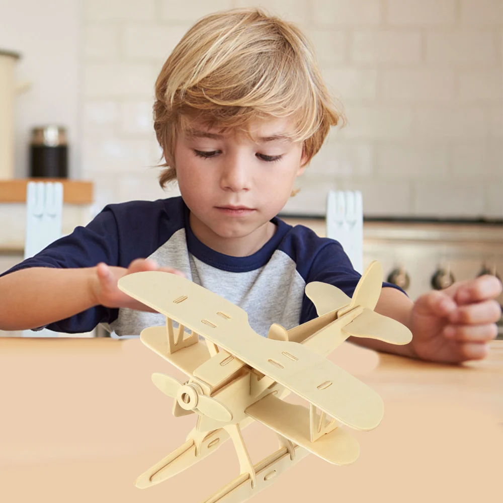 1 Set 3 Pcs Children Educational Toys 3D Puzzles Wood Airplane Models (Khaki)