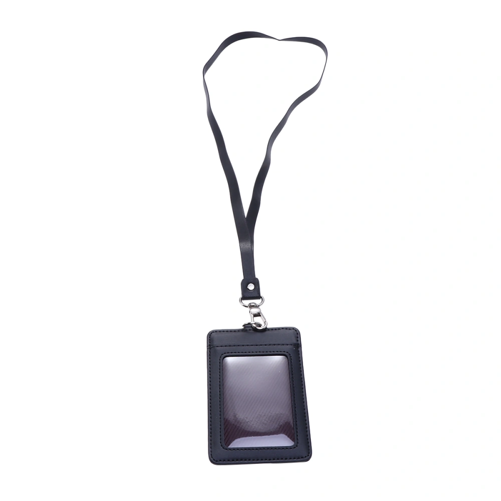 Vertical Badge Holder Leather ID Holder With Detachable Neck Lanyard And Swivel Clip(Black)