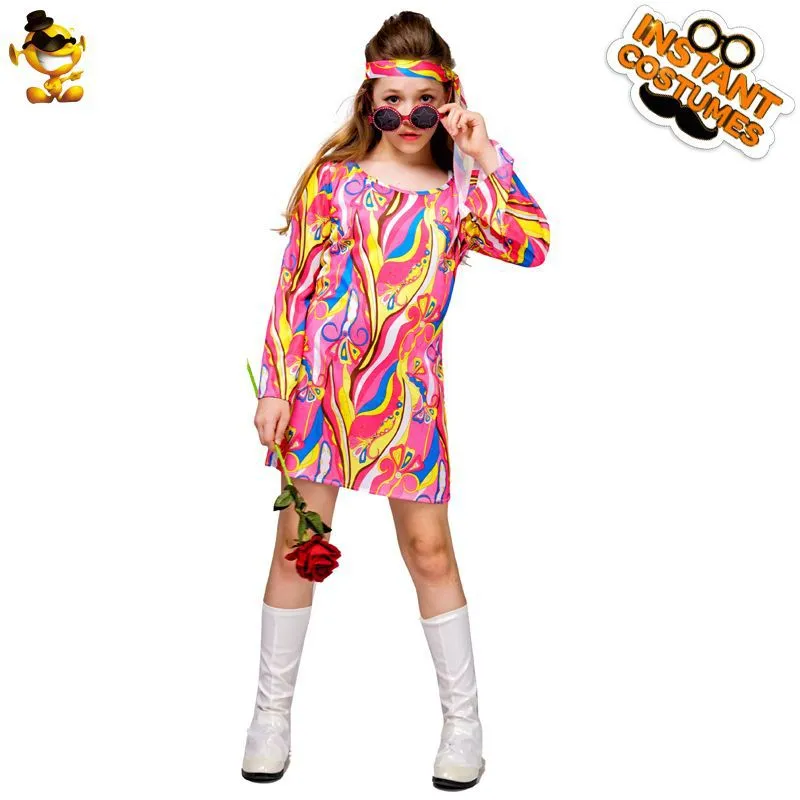 1 Set Retro Disco Dress Long Sleeve Dress Little Girl Dress Disco Costume with Headband