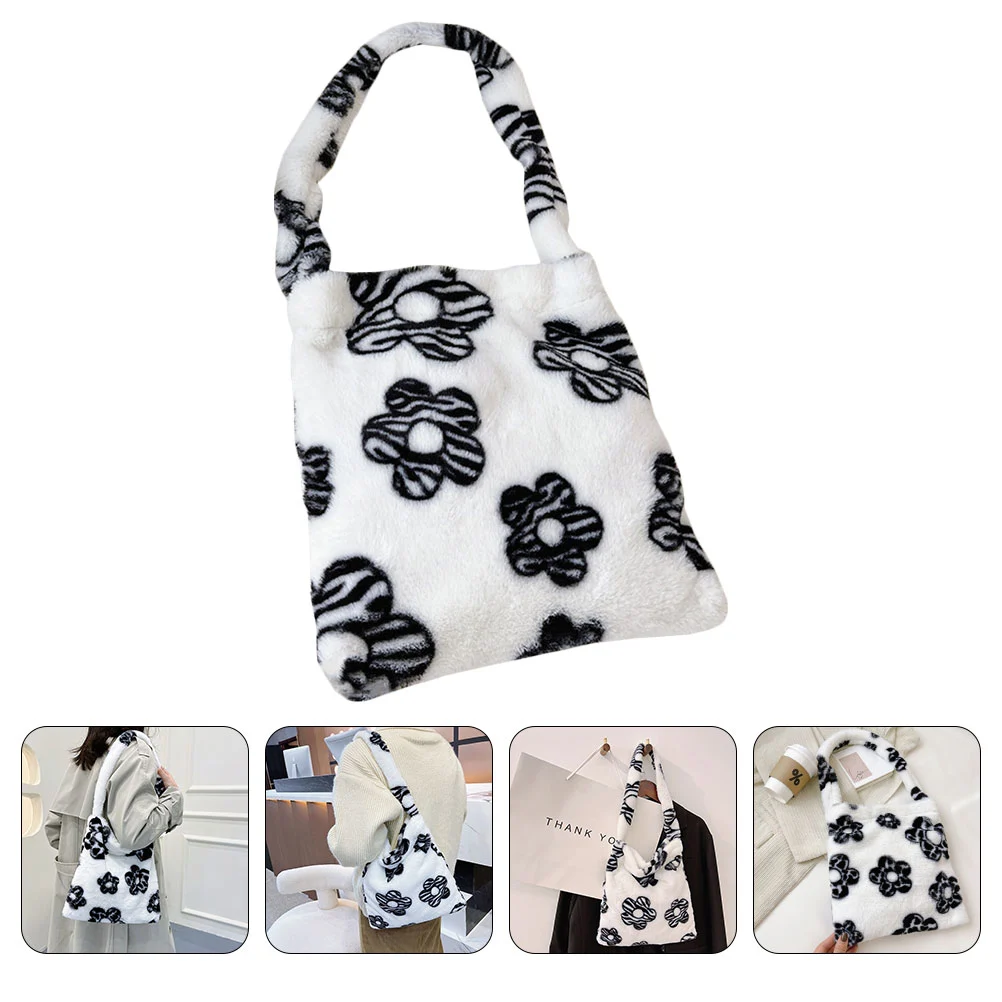 1Pc Flowers Pattern Shoulder Bag Plush Shoulder Bag Women Underarm Bag