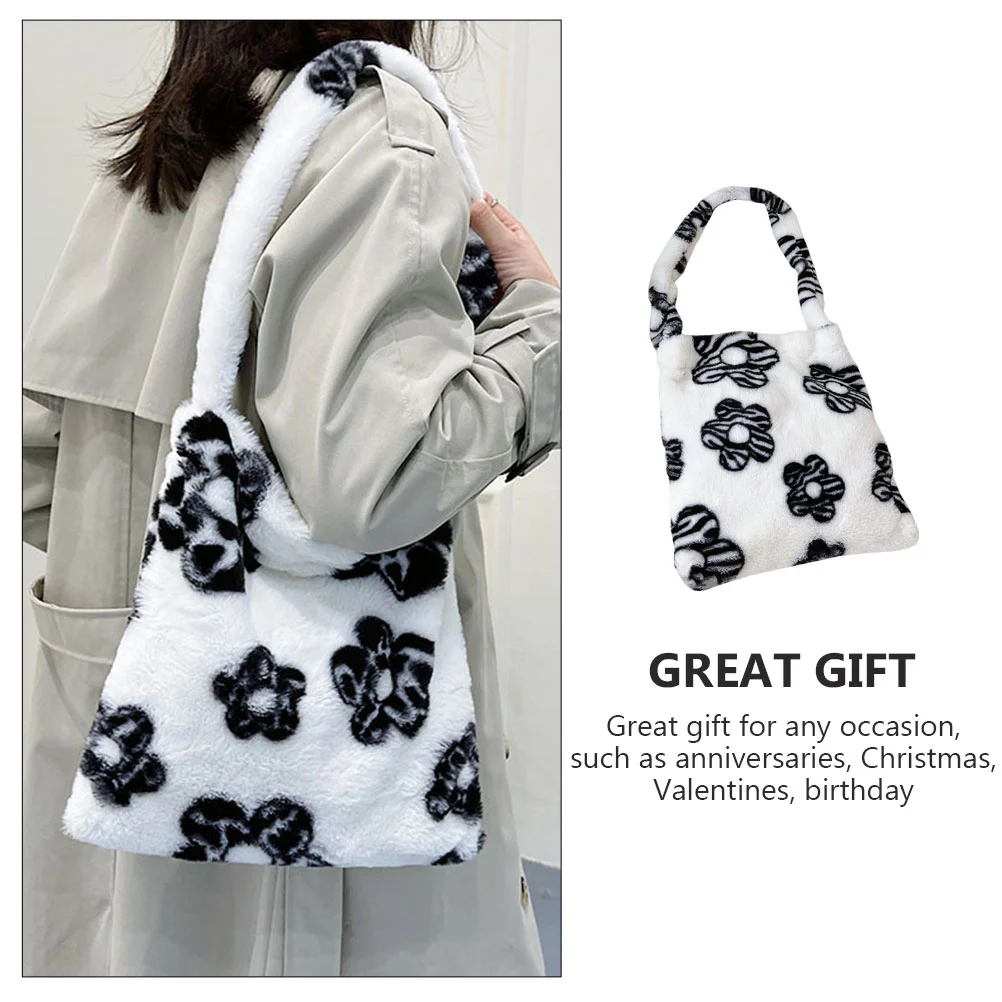 1Pc Flowers Pattern Shoulder Bag Plush Shoulder Bag Women Underarm Bag