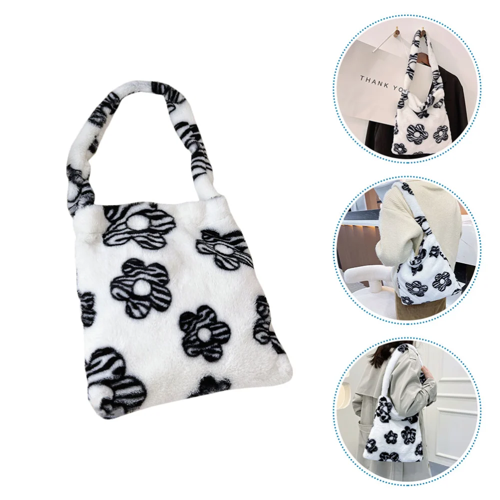 1Pc Flowers Pattern Shoulder Bag Plush Shoulder Bag Women Underarm Bag