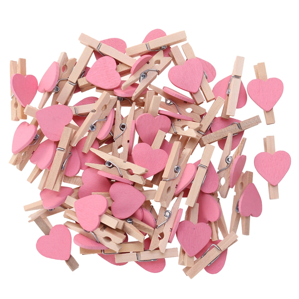 100Pcs Decorative Paper Clips Colorful Wooden Craft Clamp Love Shaped Photo Holder for Home Party(Pink)