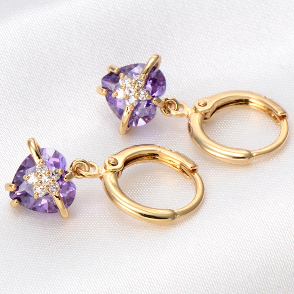 1Pair Women Zircon Earrings Simple Heart and Flower Shape Hanging Ear Rings Ear Studs Jewelry Decor (Purple)