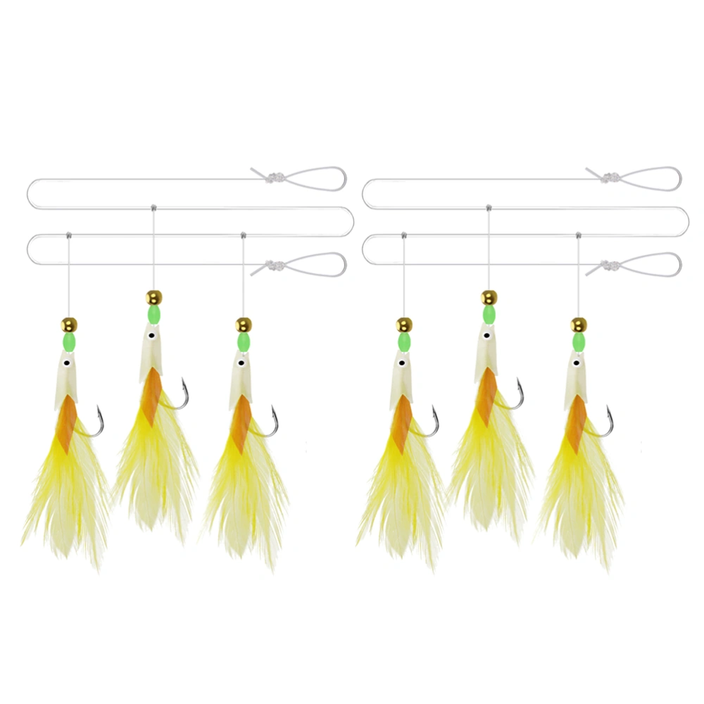 2 Strings Fishskin Flasher Feathers Sabiki Fishing Bait Rigs Hooks Luminous Fish String Hook (Yellow Feather)