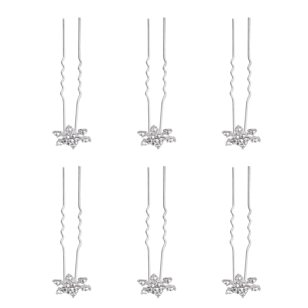 6pcs Women's Bridal Rhinestone Decorated U-Shaped Snowflake Hairpins Hair Clips (White)