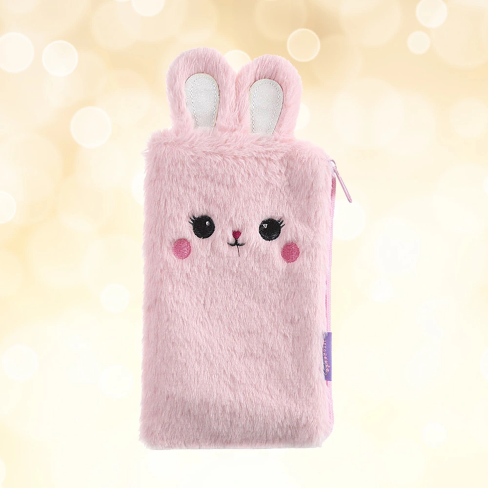 Light Pink Plush Pencil Bag Bunny Stationery Storage Bag Rabbit Ear Design Pouch Coin Purse School Office Supplies