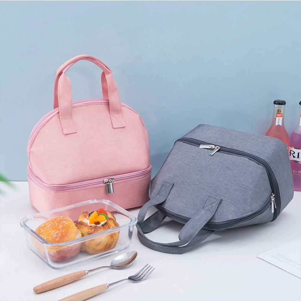 Thicken Lunch Tote Bag Double Layer Lunch Handy Bags Portable Bento Pouch Bento Storage Bag for Outdoor (Grey)