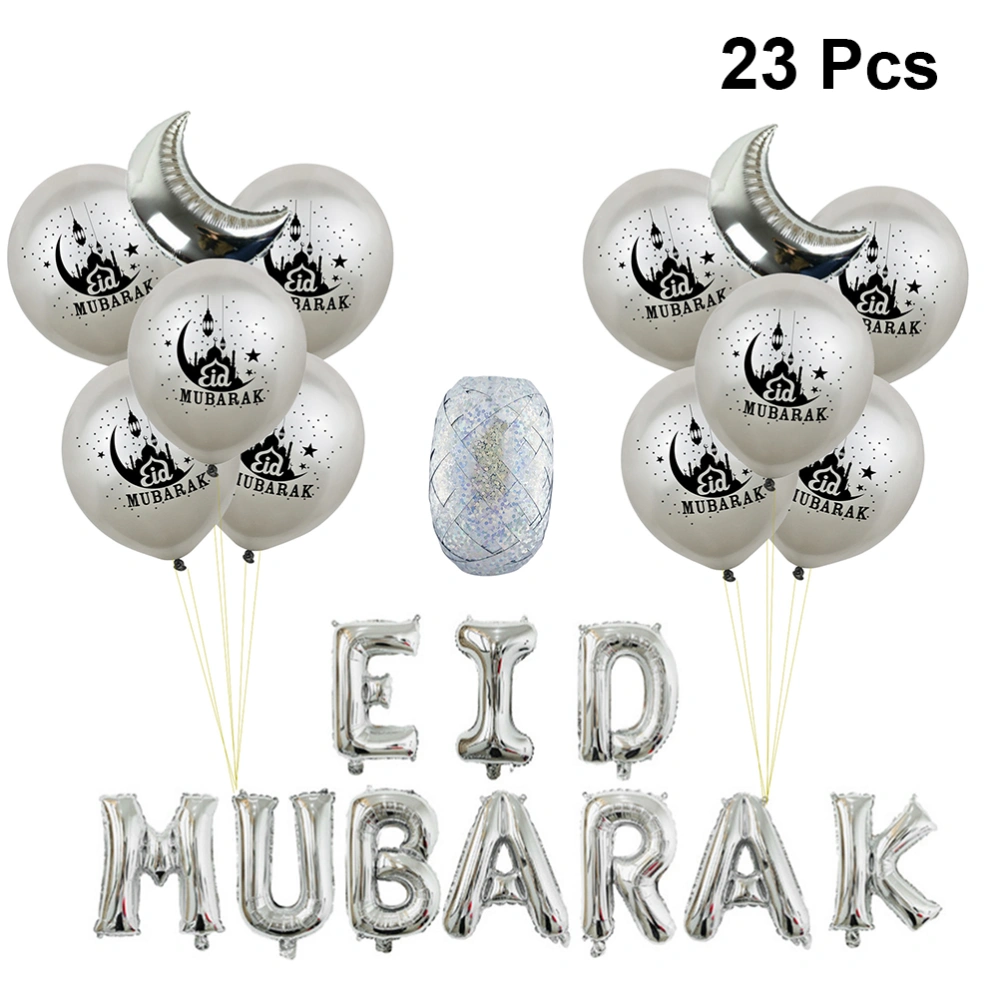 23pcs EID MUBARAK Letter Aluminum Foil Balloons Beautiful Printed Latex Balloons Muslim Eid Mubarak Party Decor (Silver)