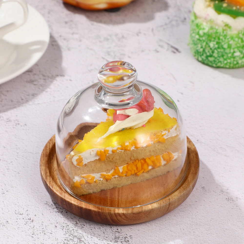 1 Set Cake Display Plate Wooden Mini Dessert Tray Round Cake Serving Tray Stand with Glass Dome