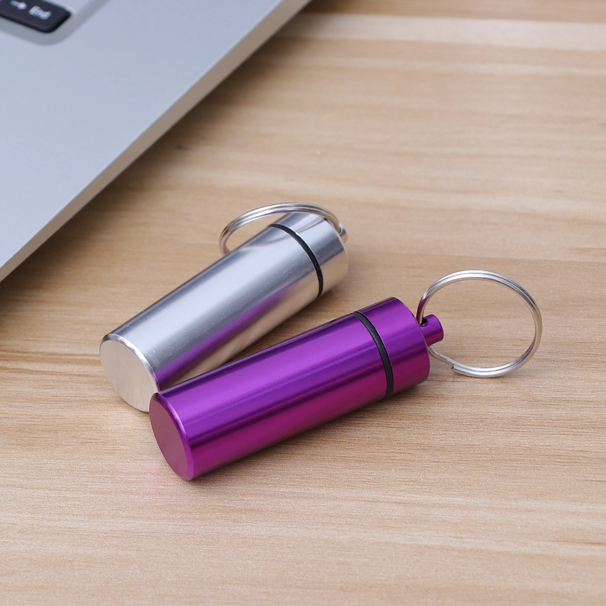 4pcs Mini Aluminum Alloy Keychain Pill Bottle Holder Waterproof Single Pill Case Box Silver and Purple for Each 2pcs