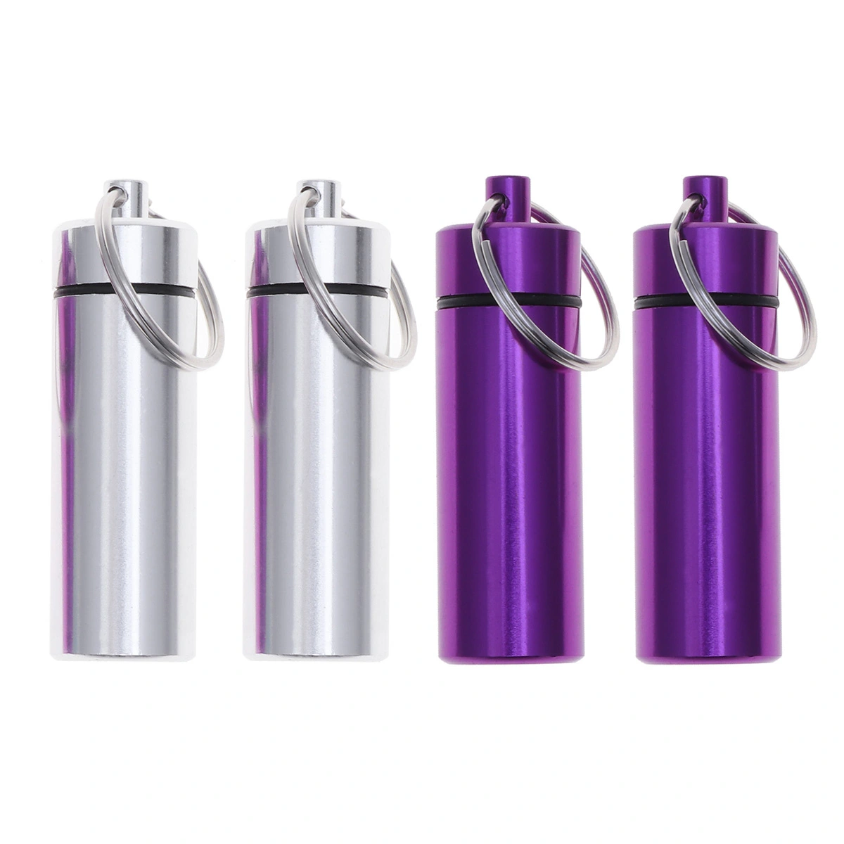 4pcs Mini Aluminum Alloy Keychain Pill Bottle Holder Waterproof Single Pill Case Box Silver and Purple for Each 2pcs