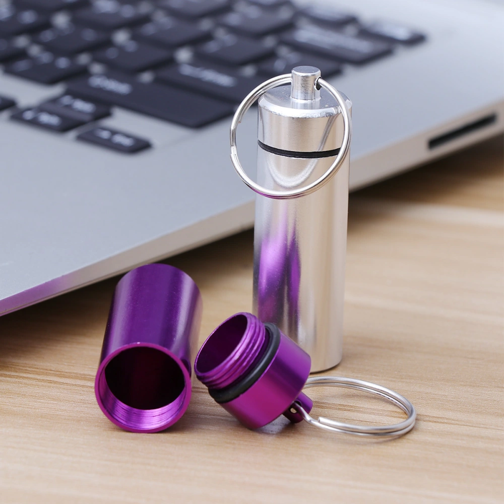 4pcs Mini Aluminum Alloy Keychain Pill Bottle Holder Waterproof Single Pill Case Box Silver and Purple for Each 2pcs