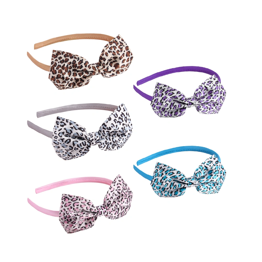 5Pcs Bowknot Shape Hair Hoops Leopard Pattern Headband Cloth Hair Band Kids Headwrap Headdress Purple Blue Grey Pink Coffee for Each 1Pc