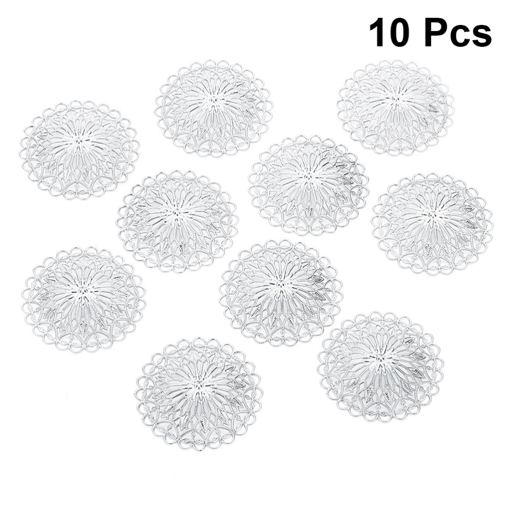 10PCS DIY Jewelry Clothing Accessory Hollow-out Round Flower Decor Exquisite Metal Flower Piece Supplies Multi-purpose Clothes Accessory for Clothes Dress Jewelry Silver