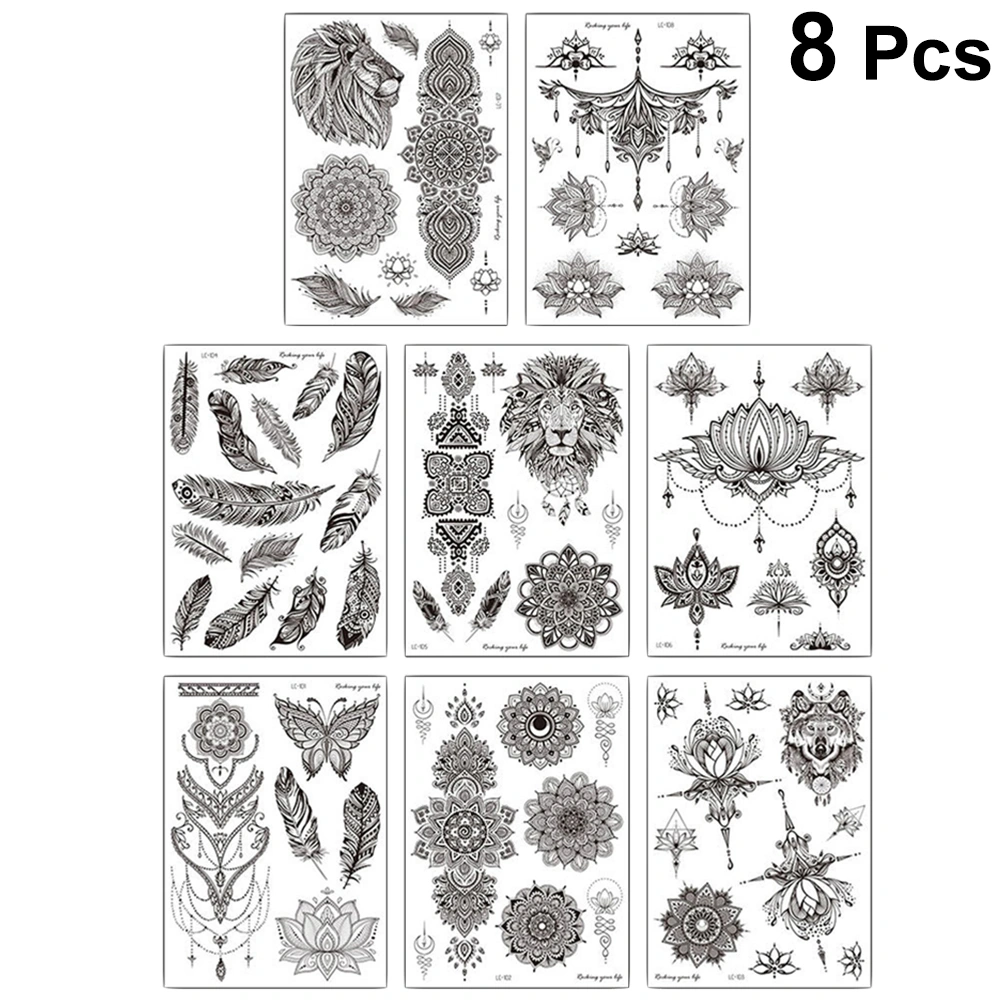 8 Sheets Black Vintage Temporary Stickers Waterproof Body Tattoos Decal Paste for Man Woman (Mixed Style)