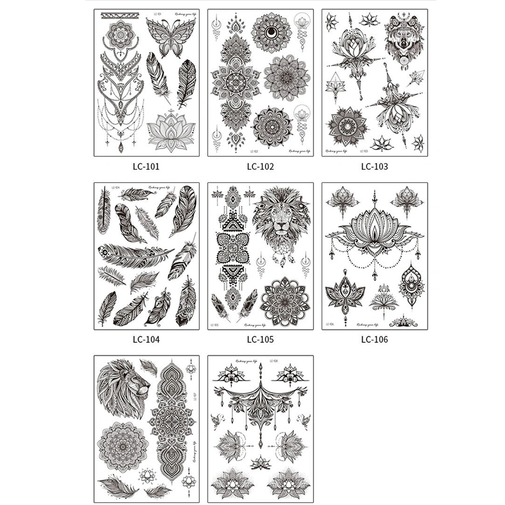 8 Sheets Black Vintage Temporary Stickers Waterproof Body Tattoos Decal Paste for Man Woman (Mixed Style)