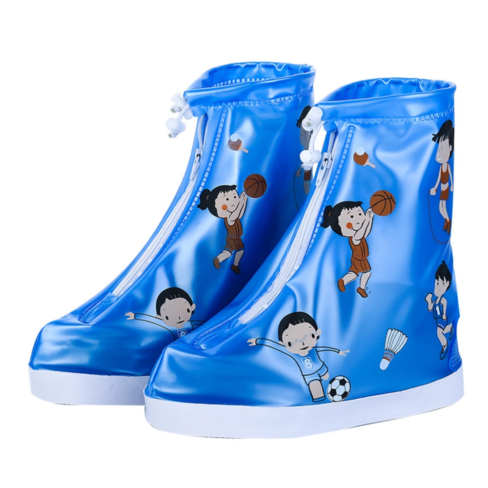 Cartoon Sports Pattern Rain Shoes Cover Wear Resistant Zippered Non-slip PVC Rainproof Shoe Covers for Children (Blue-L)