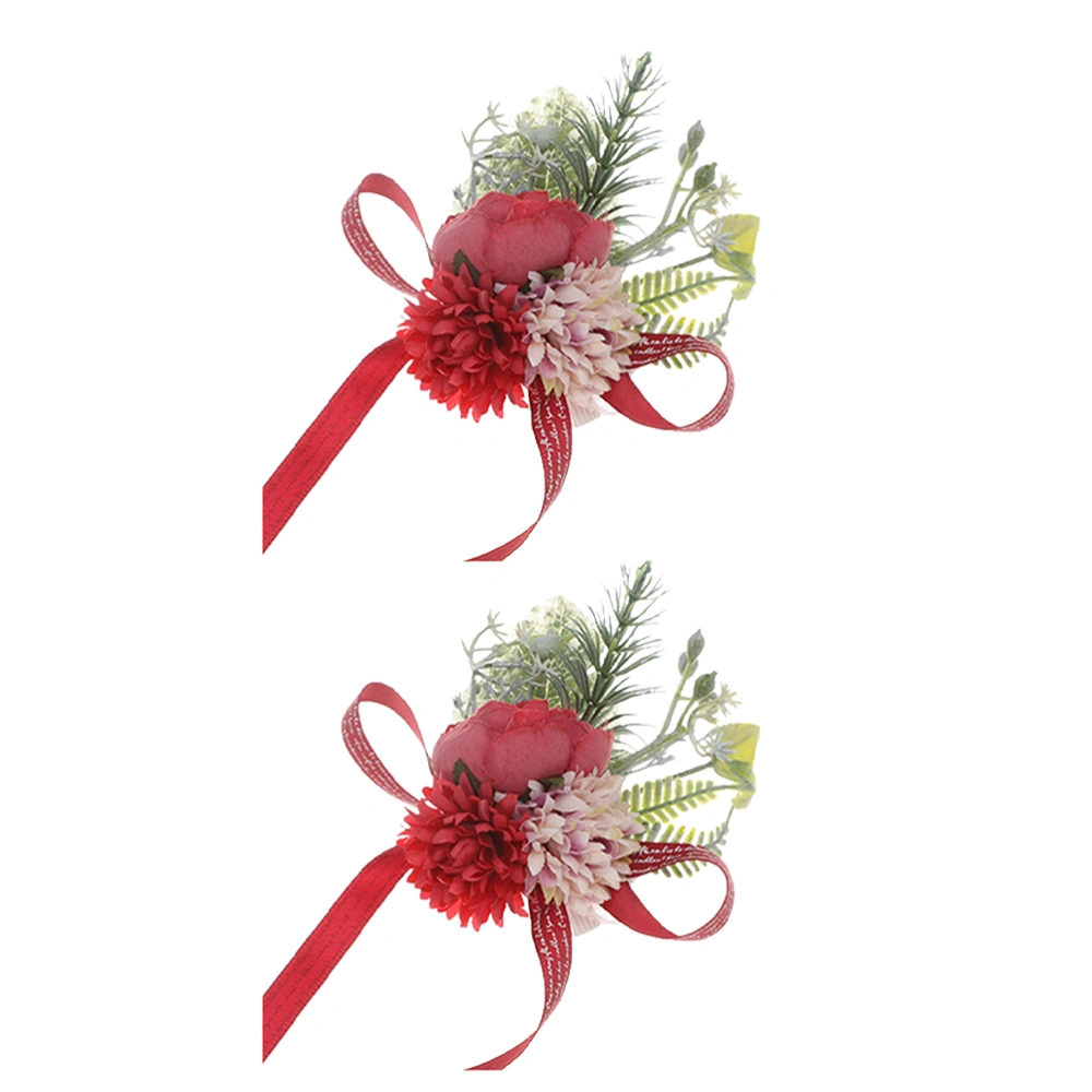 2PCS Wrist Flower Wedding Bride Wrist Flower Decoration Simulated Wrist Flowers Adornment Lifelike Cloth Rose Wrist Flower for Bride Bridesmaid Decor Red