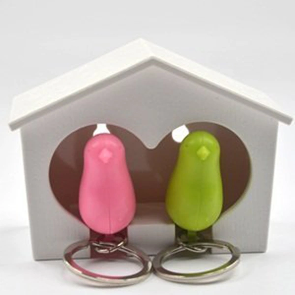 White Birdhouse with 2 Whistle Pink Green Sparrow Key Ring Holder